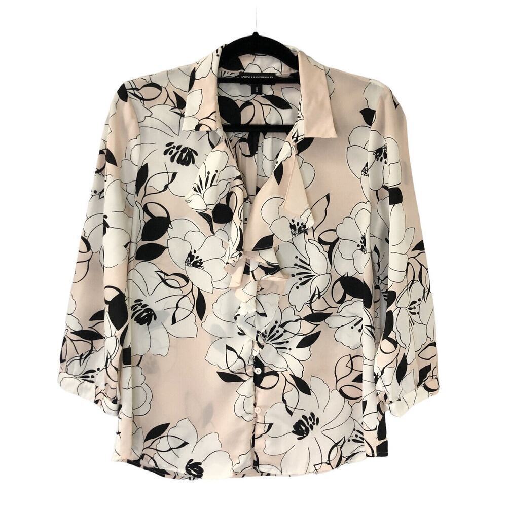 Karl Lagerfeld Floral Print Ruffle Pink Button Down Women's Blouse Top Size M​​​